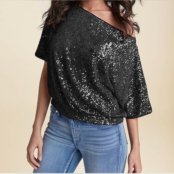 Elegant Shimmery Dew Shoulder Neckline W/Short Sleeves Sequin Detail Dress Top - Picture 10 of 14